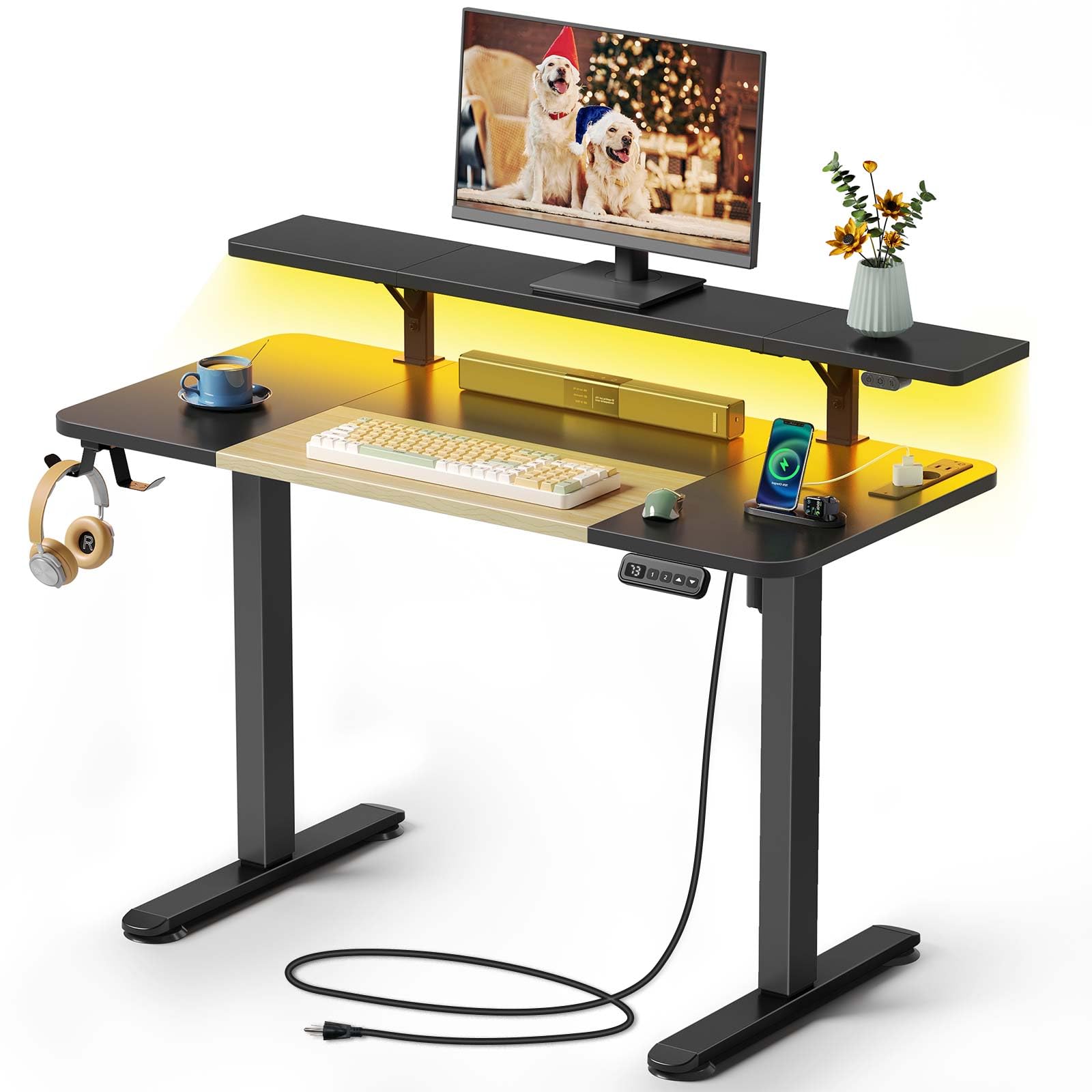 Escritorio Regulable en Altura, Escritorio 120x60 cm Regulable en Altura con LED y Enchufes, Escritorio Ergonómico Gaming para Oficina en Casa, Oficina, Negro