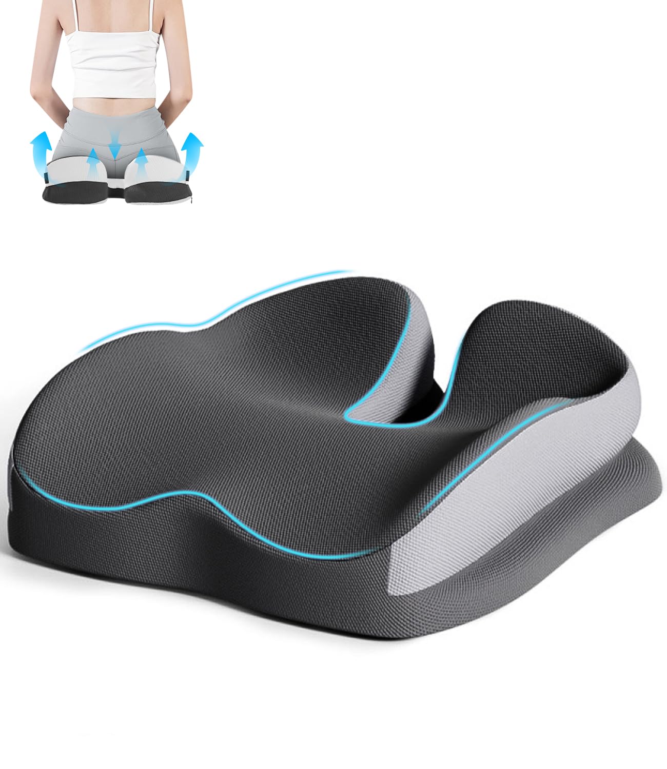 Xespis Ergonomiczna poduszka do siedzenia na krzesło biurowe, poduszka z pianki z pamięcią kształtu, ortopedyczna poduszka do siedzenia, odciążenie bioder, kości ogonowej, coccyx, rwy kulszowej,