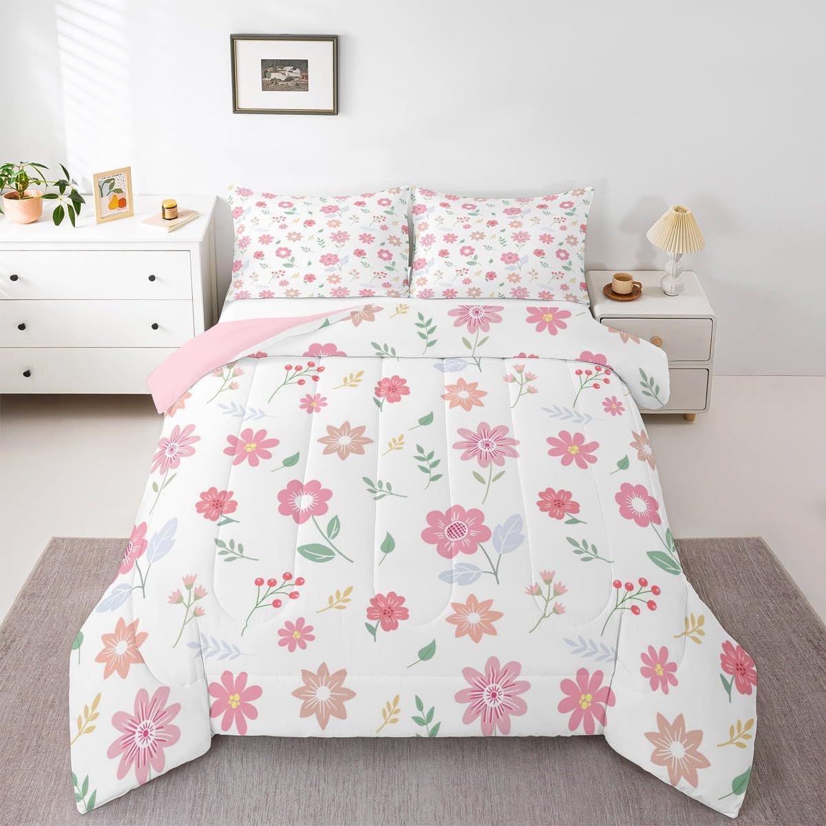 Feelyou Cute Flower Comforter Set Twin Size Fresh Flower Floral Bedding Set for Kids Boys Girls Nature Plants Duvet Quilt Pink Green Bedroom Decor Microfiber 2 Pcs with 1 Pillow Cases
