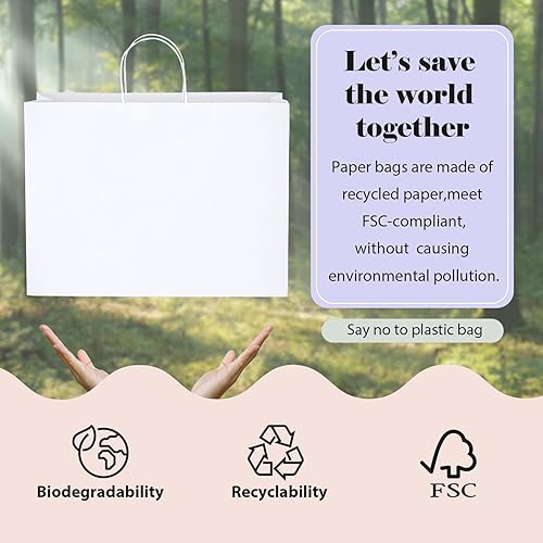 Miniatura 4 de GSSUSA Bolsas de regalo de papel grandes de 16 x 6 x 12 pulgadas, 25 bolsas de papel blanco con asas, bolsa de compras para pequeñas empresas, papel