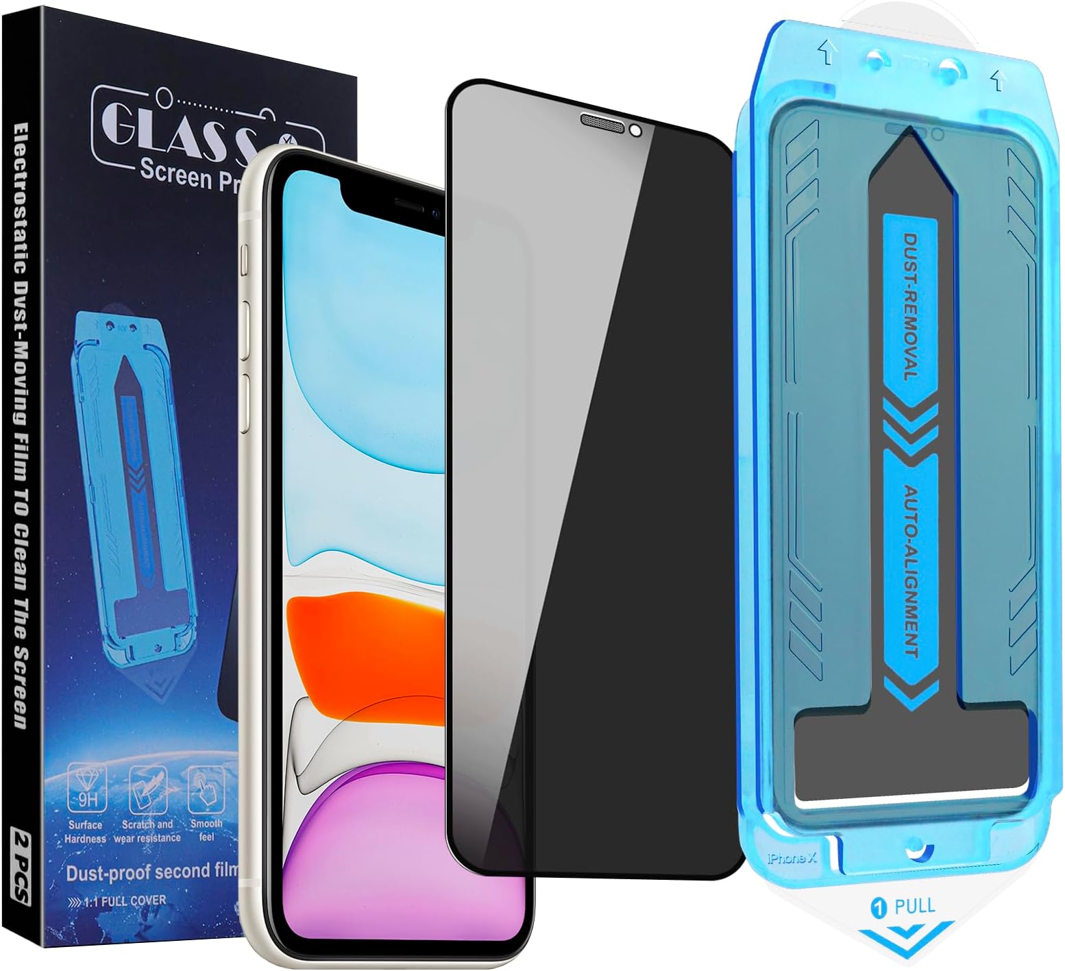 2-Pack Privacy Screen Protector for iPhone 11 Pro and iPhone XS and iPhone X 5.8-Inch, 9H Tempered Glass, Full Coverage, Anti-Fingerprint, Auto Dust-Elimination, No Bubble, Easy Installation