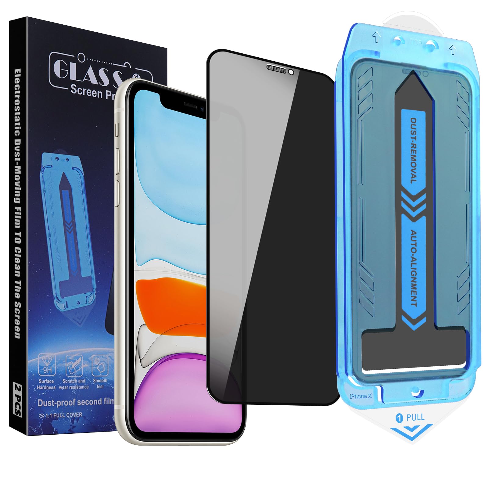2-Pack Privacy Screen Protector for iPhone 11 Pro and iPhone XS and iPhone X 5.8-Inch, 9H Tempered Glass, Full Coverage, Anti-Fingerprint, Auto Dust-Elimination, No Bubble, Easy Installation