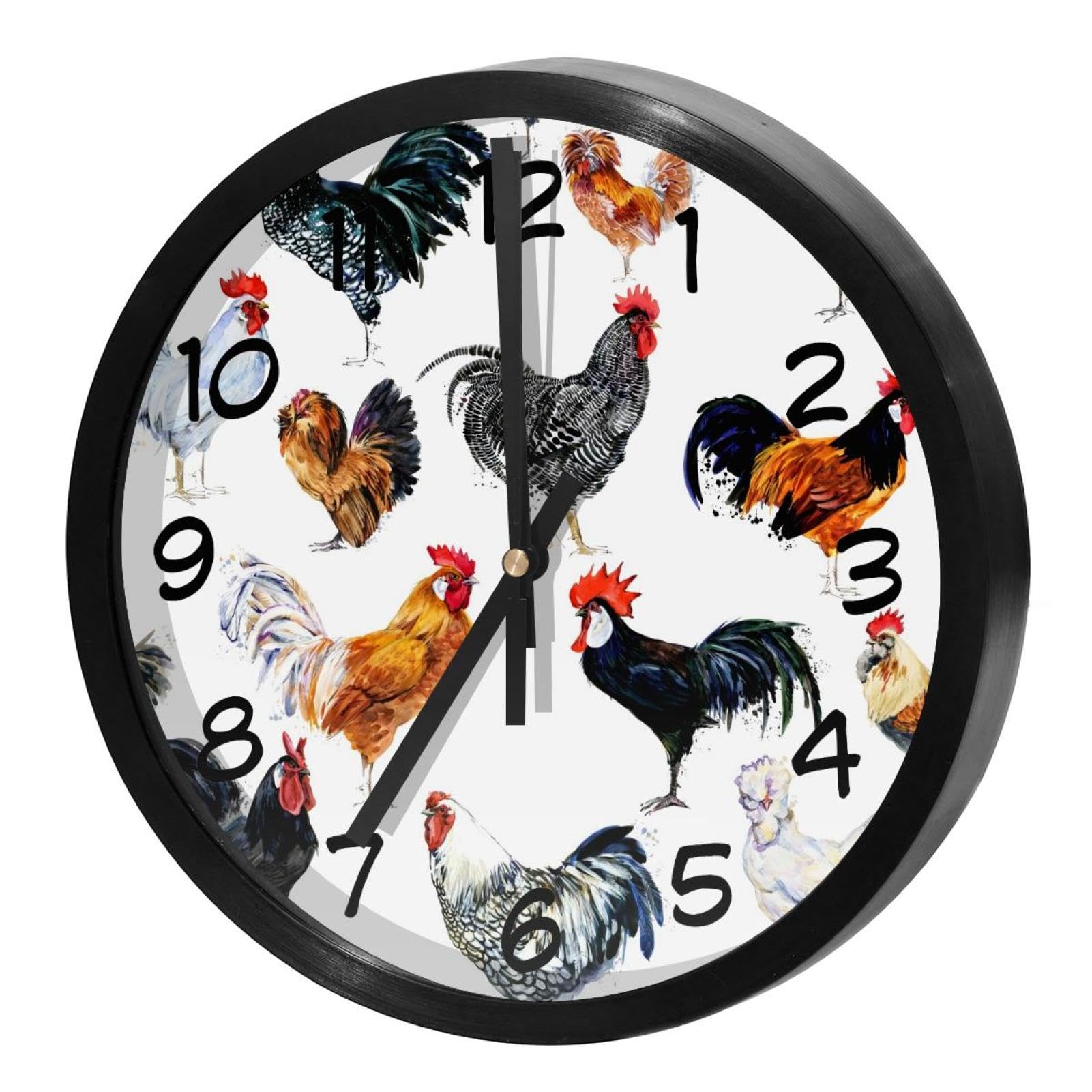 Horloge murale silencieuse sans tic-tac aquarelle coq pour chambre