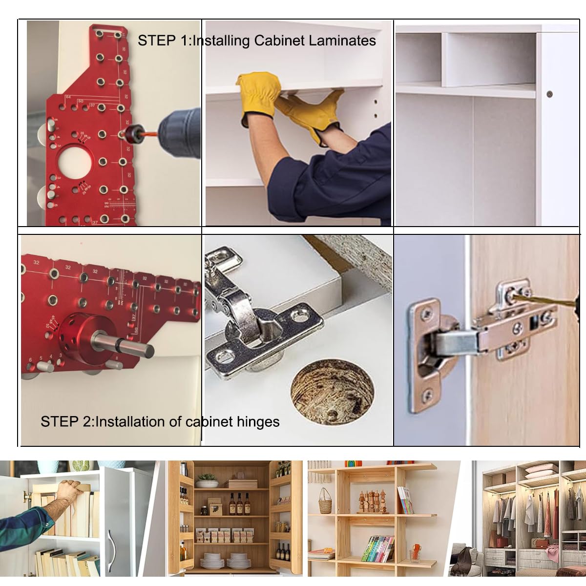 2 in 1 Shelf Pin HingeJig,Concealed HingeJig Drilling Jig with 35mm Hole Drill Bits,Self Contained Clamping All Metal Cabinet Hardware Tool Drill for Cabinet Door Hinge Hole Positioning (RED)