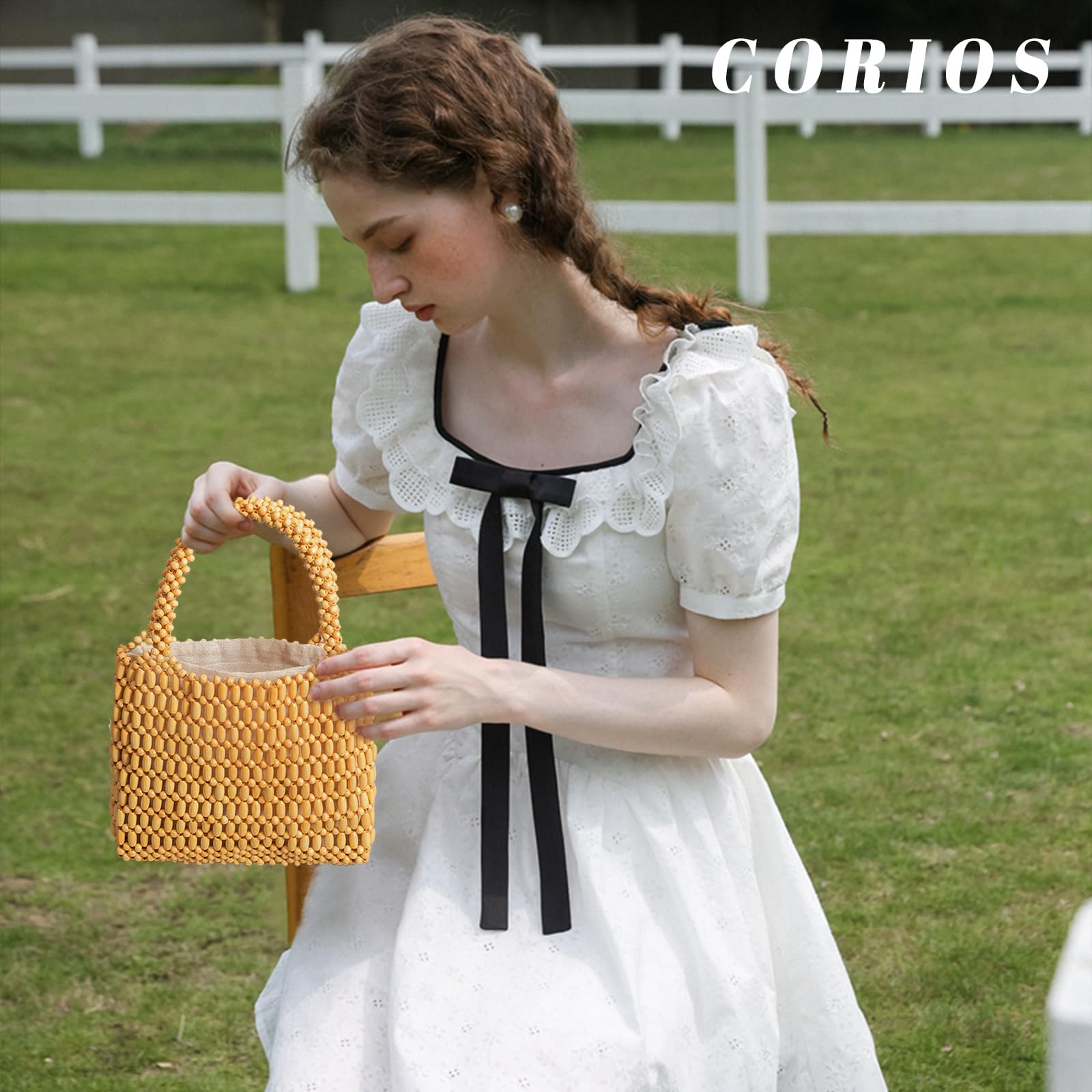 CORIOS Ręcznie Tkana Torba na Ramię dla Kobiet - Boho Kopertówka, Letnia Torba Plażowa, Wiadro ze Sznurkiem, Drewniana z Koralikami, Retro z Górnym Uchwytem