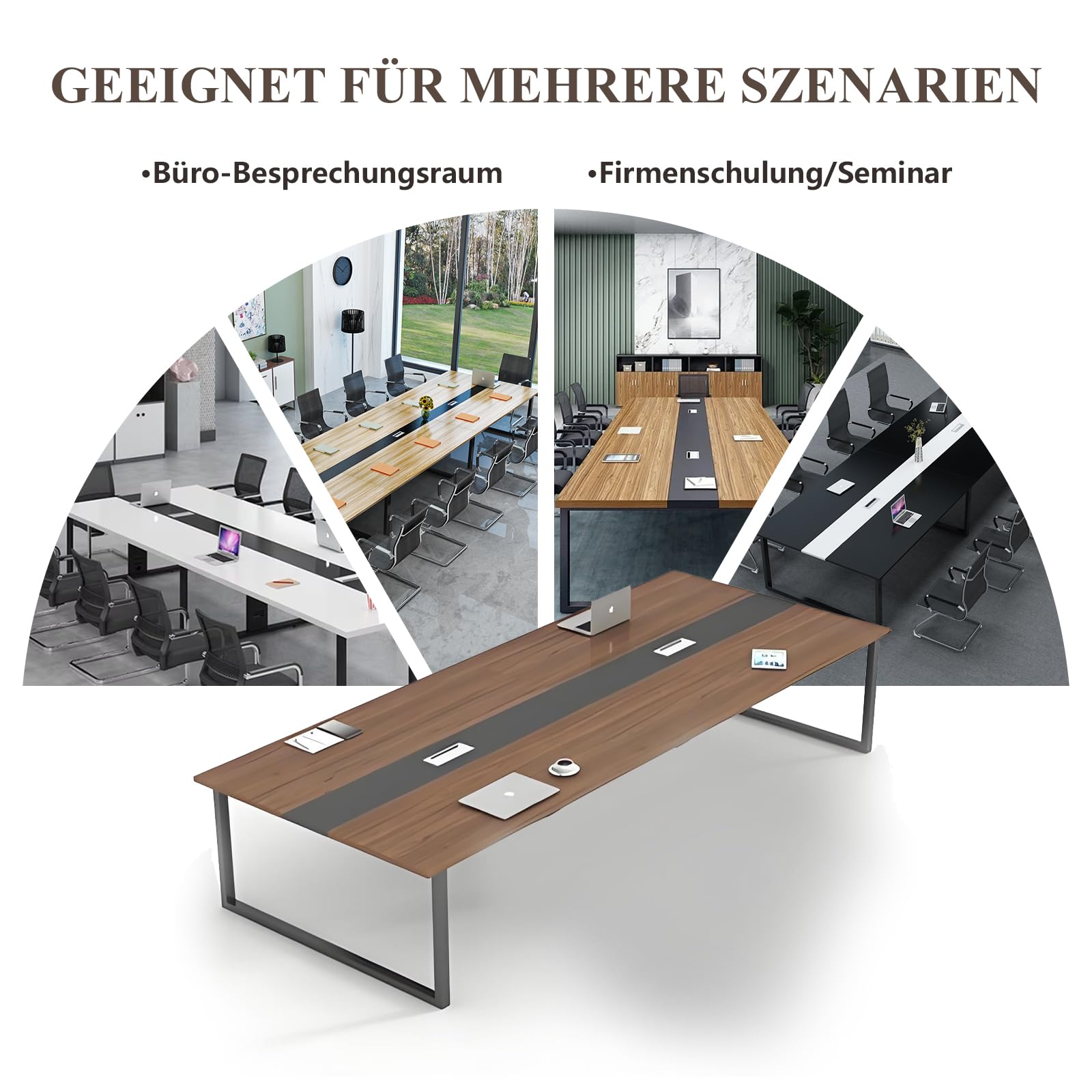 Großer Konferenztisch Büro – Moderner Besprechungstisch mit Kabelmanagement, Rechteckiger Meetingtisch für 8–12 Personen, Stabiler Metallrahmen (ohne Stühle)
