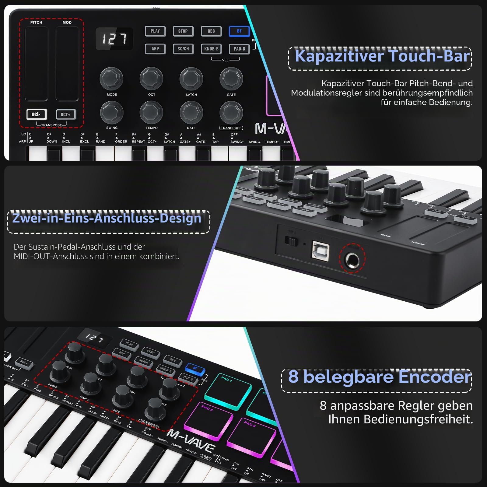 Nikou M-VAVE MIDI Tastatur Controller, USB Mini 25 Tasten Professionelles Dynamisches Tastenbett Elektro Musik Arranger Keyboard mit RGB-Schlagzeugpads (Schwarz)
