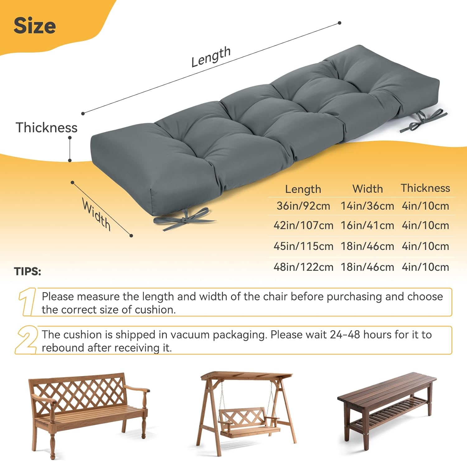 ROFIELTY Outdoor Bench Cushion, Waterproof/Sun-Proof Fabric, Tufted Bench Cushion with 2 Ties, Suitable for Outdoor Garden Bench/Swing/Indoor Furniture (Dark Gray, 48×18×4)