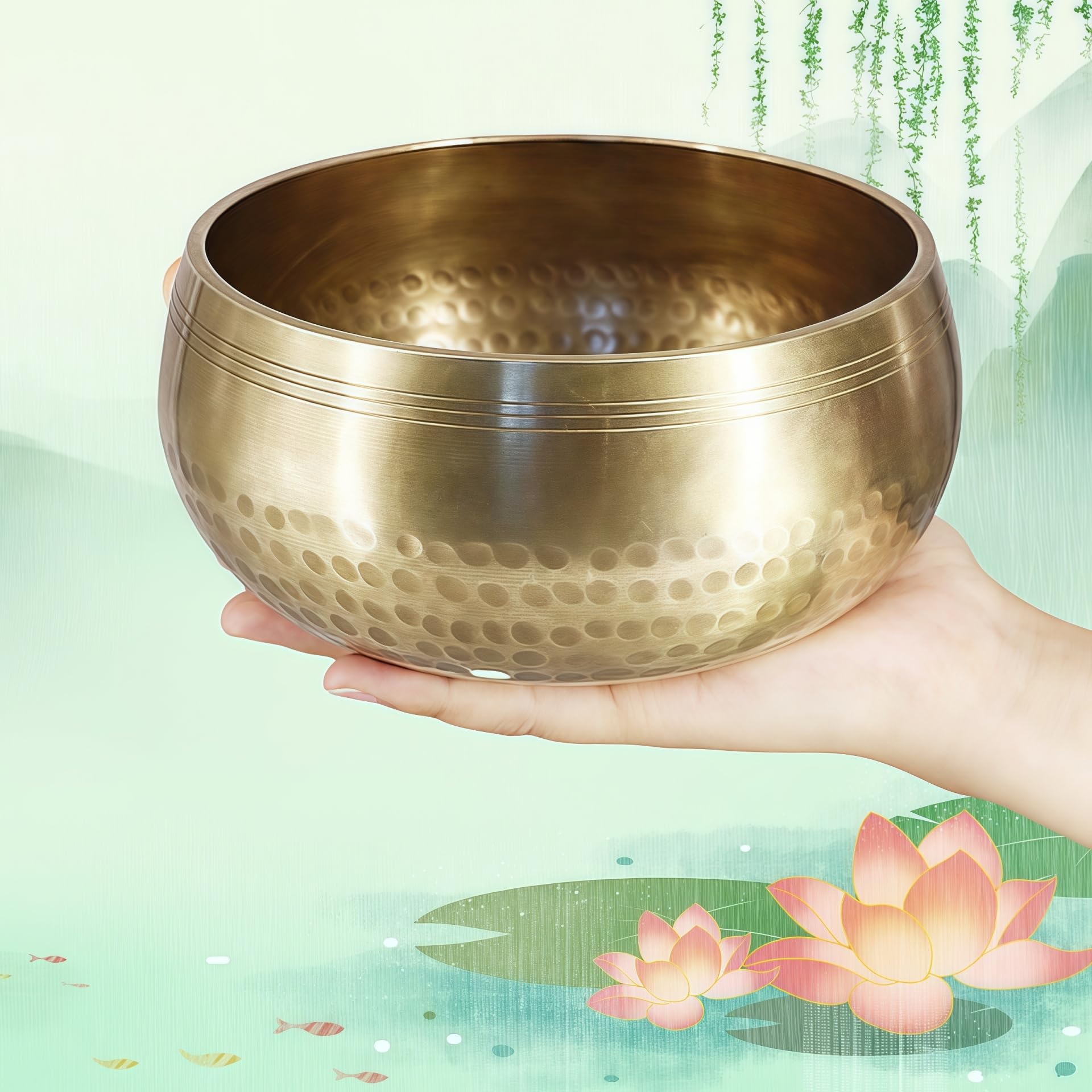 Fay Bless Set di campane tibetane – facile da suonare per principianti – Autentico suono olistico realizzato a mano per meditazione consapevole (oro, 15 cm)
