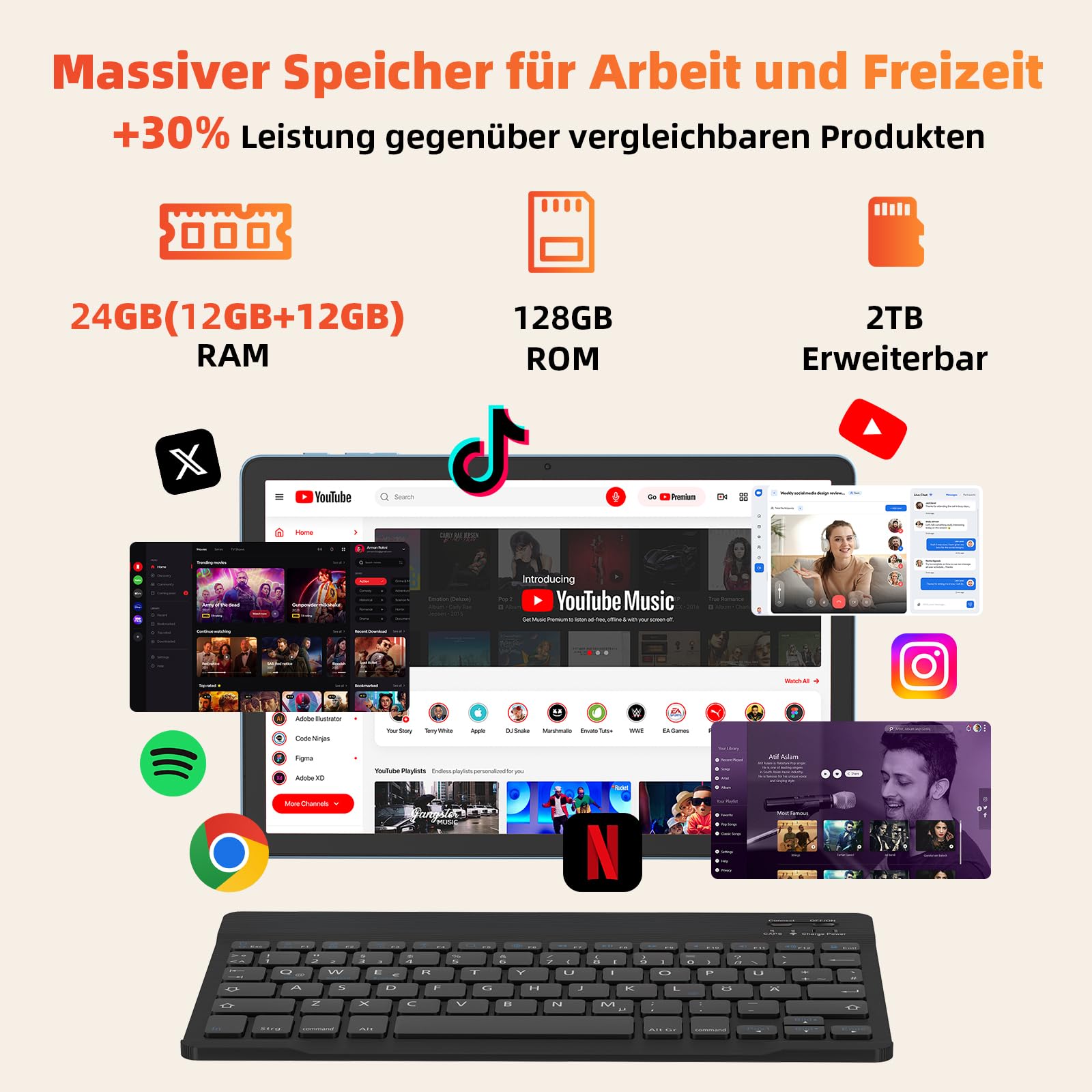 Tablet 11 Zoll mit Tastatur: Android 16 8000mAh Octa-Core 24GB+128GB 2TB TF Tablet PC - WiFi 6 BT 5.2 1280*800 HD+IPS 13MP+5MP Kamera mit Maus, Usb C, Adapter, Hülle, OTG-Adapter, Stift, Schutzfolie