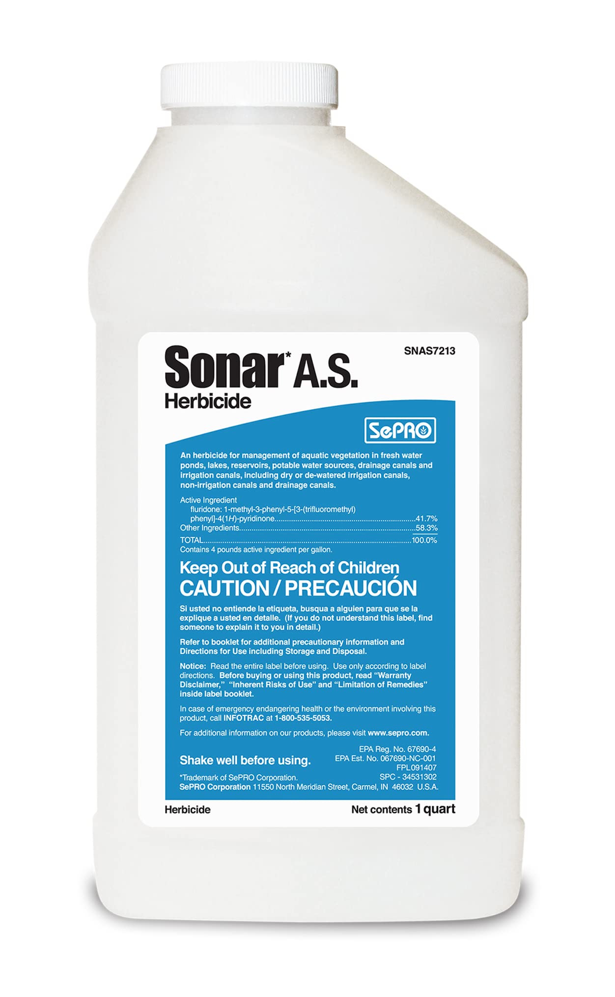 Sonar A.S. Liquid Aquatic Herbicide 1 Quart Systemic Treatment for Duckweed, Watermeal, Hydrilla, and Invasive Pond Weeds, EPA Approved, Safe for Fish and Wildlife, Long-Lasting DIY Pond Solution