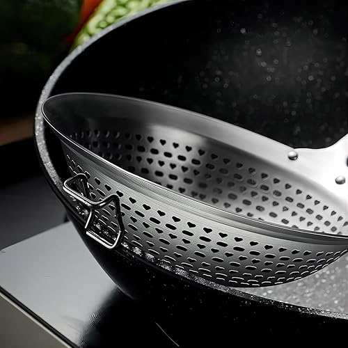 Miniatura 4 de GREATLINK Cuchara coladora grande de acero inoxidable de 7 pulgadas (7.1 in) con mango largo de madera, espumadera extra ancha para freír, pasta y