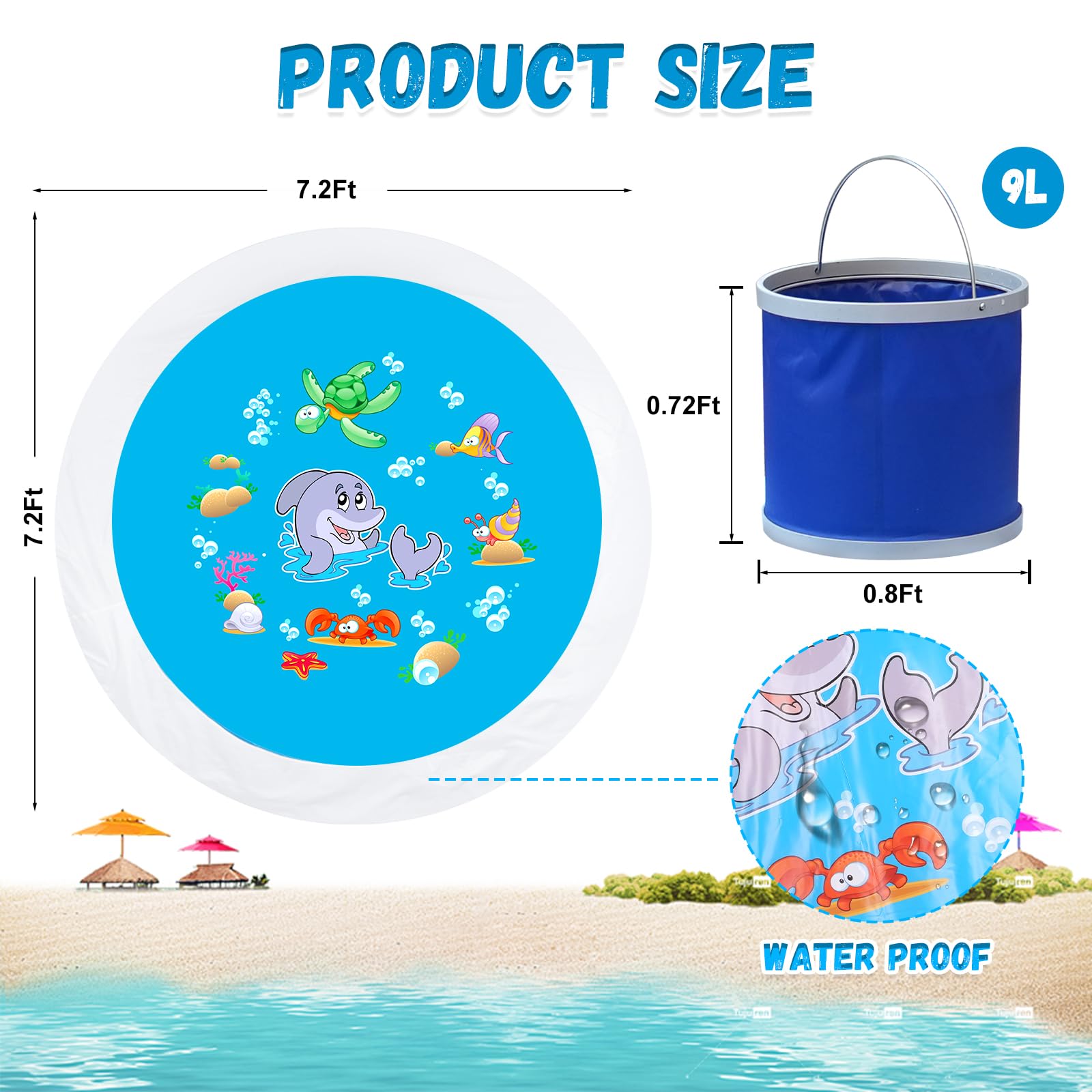 Giveuplay 7.2 X 7.2 Feet Baby Beach Pool?Kiddie Pool and Beach Blanket?2 in 1 Toddler Paddling Pool?Beach Toys for Infant Kids Boys and Girls with Portable Water Bag 9L