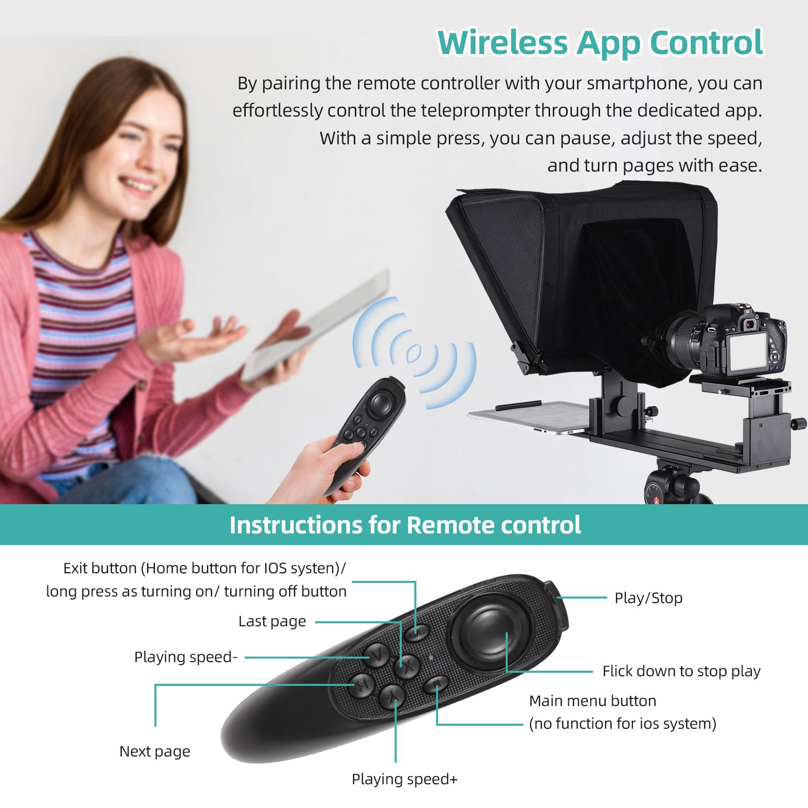 Andoer Teleprompter für Smartphone Tablet DSLR Kamera,16 Zoll Prompter mit Fernbedienung, Kaltschuhhalterung, 1/4” und 3/8" Gewindeloch für Interview, Bühnenrede, Live-Streaming, Online-Video-Vlog
