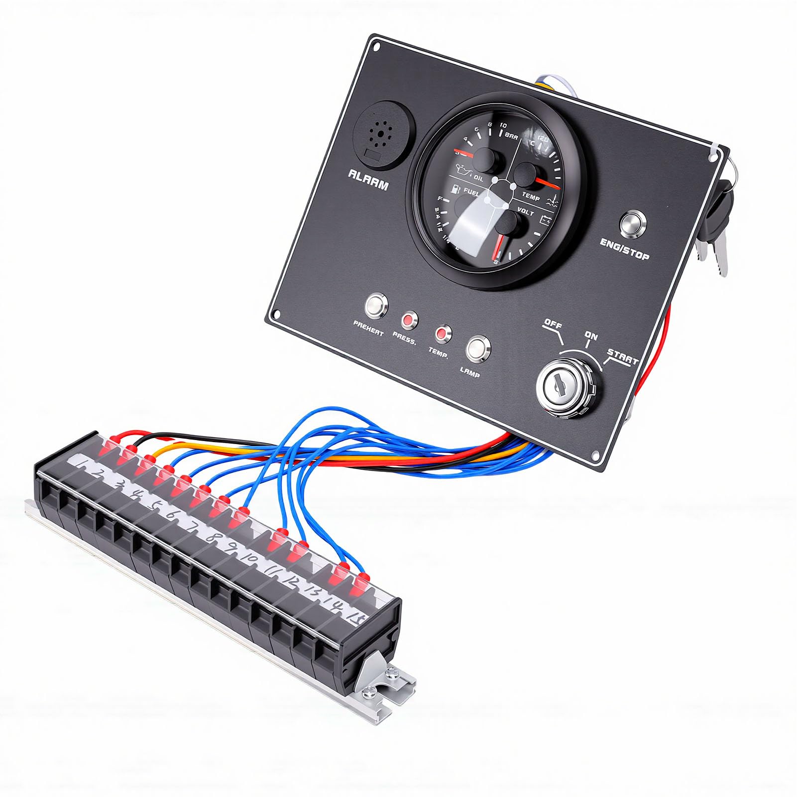 Akozon Panel Wskaźników Morskich 12 V 4 w 1, Poziom smaru, Ciśnienie smaru, Temperatura Wody, Miernik Napięcia do łodzi, Jachtu, Kampera, Czarna Skrzynka CX9603 (Czarna tarcza, obudowa CX9603B)