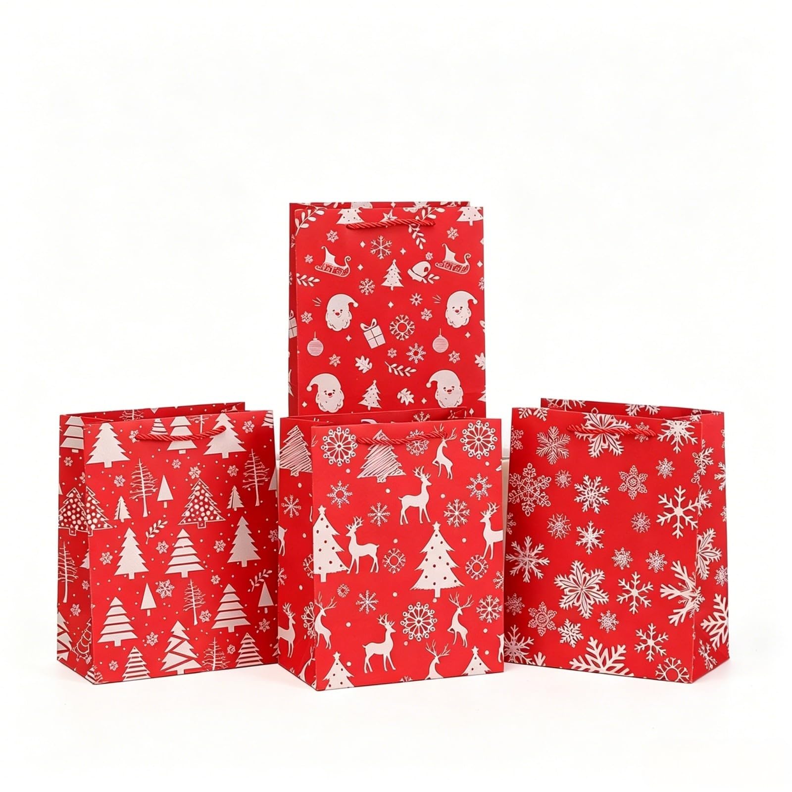 4pcs Christmas Small Gift Bags Multipack for Presents, with Drawstring, Red
