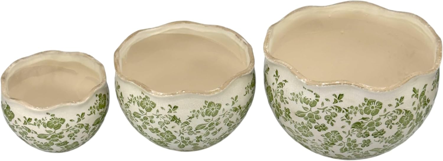 Galt International Ceramic Plant Pots Set of 3 Rustic Vintage Farmhouse Cream Crackle Glaze (11"/ 9.6"/ 7") Garden Indoor Outdoor Flower Planter w/Drainage Hole (Vintage Green)