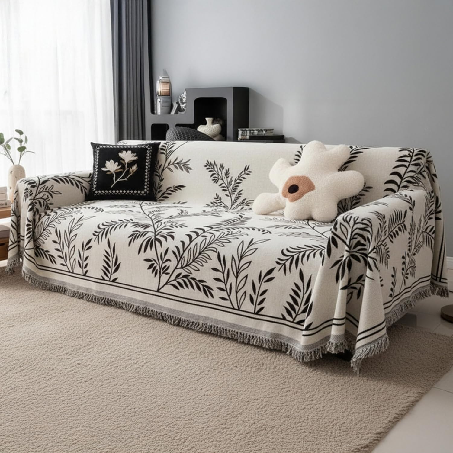 Black Chenille Sofa Cover - Reversible & Anti-Slip -29