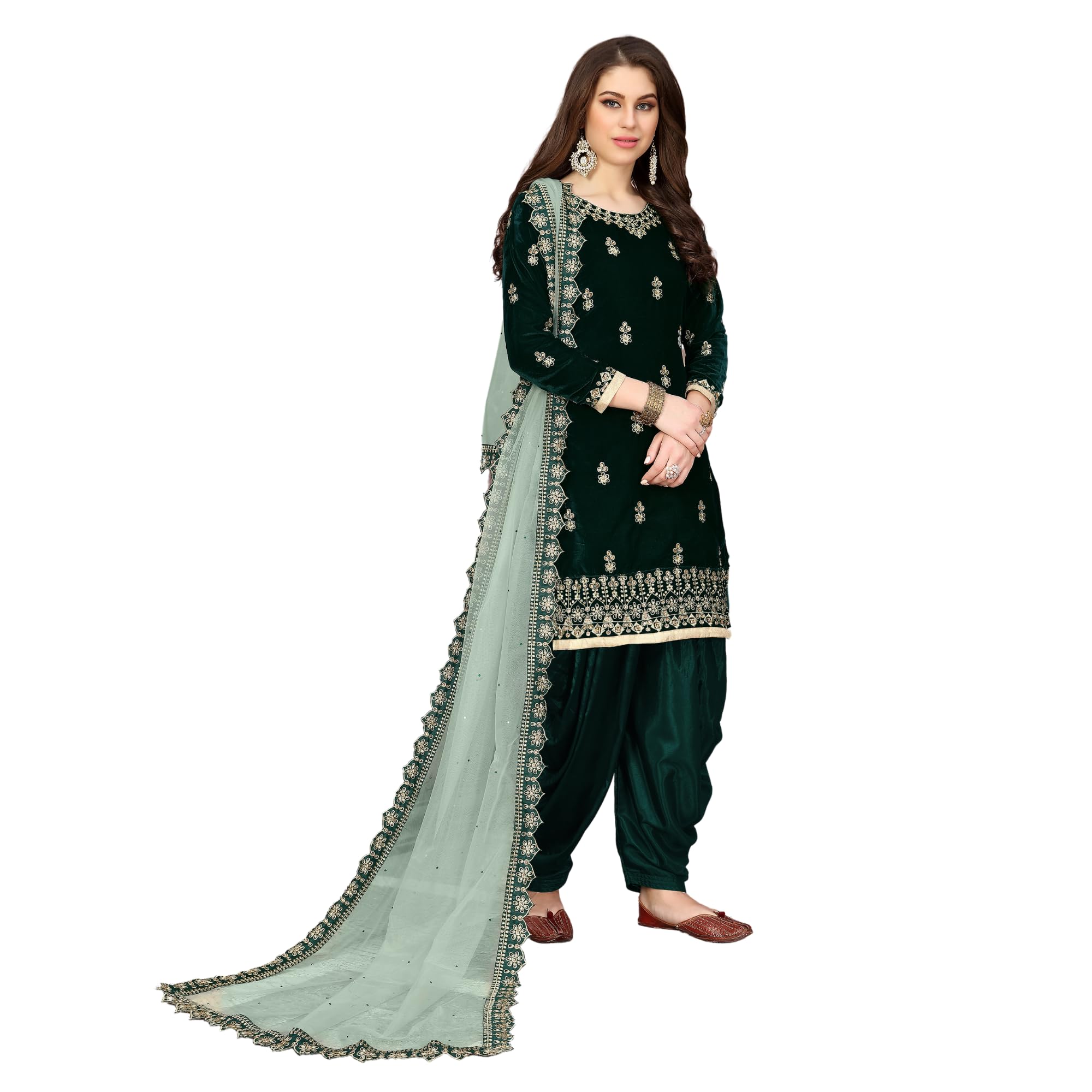 Emerald Velvet Designer Patiala Salwar Kameez with Embroidered Dupatta for Celebrations
