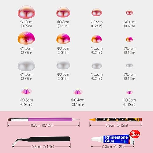 Miniatura 3 de Diamantes de imitación de perlas rosas de 2.12 oz con parte trasera plana para manualidades, tamaño mixto, 0.116 pulgadas - 0.394 pulgadas, color