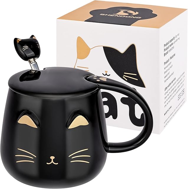 SHENDONG Black Cat Mug Cute Ceramic Coffee Cup with Kawaii Lid and Lovely Stainless Steel Spoon Novelty Morning Cup Coffee Milk Tea Mugs - 3D Animal Cat Mugs for Cat Lovers Women Gifts(Black)