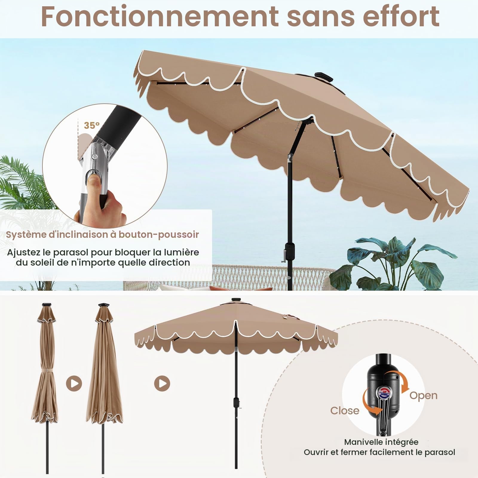 KOMFOTTEU Parasol de Jardin φ3 x 2.53 m avec 24 Lumières LED et Manivelle, Parasol de Balcon pliable, Parasols de Cour Angle inclinable jusqu'à 35°, pour Terrasse, Piscine, Patio