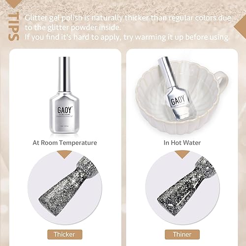 Miniatura 5 de GAOY Esmalte de uñas de gel con purpurina, 0.6 onzas líquidas, esmalte de gel dorado brillante, gel UV con purpurina brillante para arte de uñas,