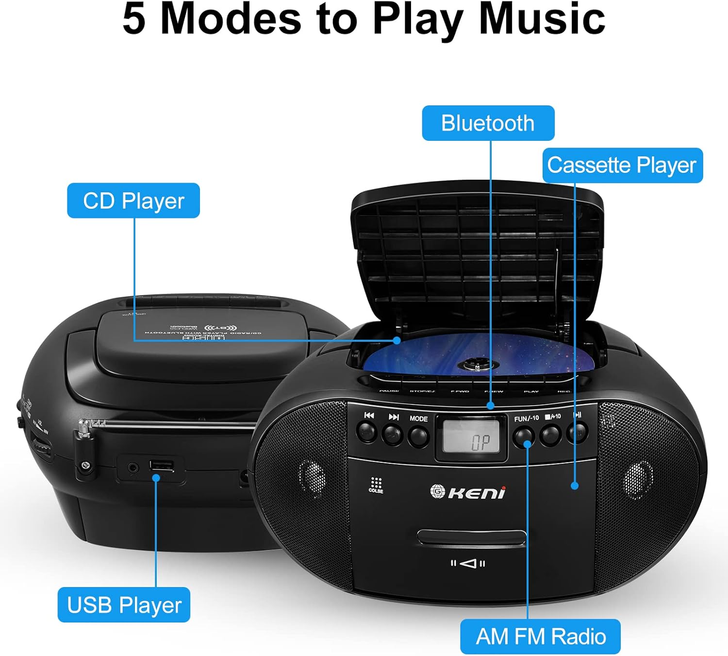 G Keni Portable CD and Cassette Player Boombox Combo, Casette Tape Recorder with Remote, AM FM Radio, USB Playback with Earphone Jack, 5.1V Bluetooth Speaker, Battery Operated or AC Powered for Home