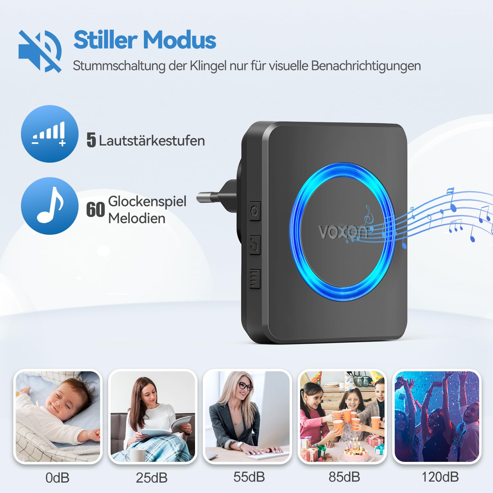 VOXON Campanello Wireless, Portata di 400m, Set di Campanelli Senza Fili con 2 Ricevitori, Impermeabile IP65 per Esterni, Campanello con Luce LED, 5 Livelli di Volume, 60 Melodie