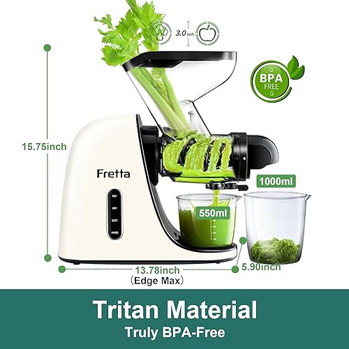Miniatura 3 de Fretta Exprimidor de prensa en frío, exprimidor lento masticador, máquina de jugo de frutas y verduras, exprimidor prensado, sin BPA, motor