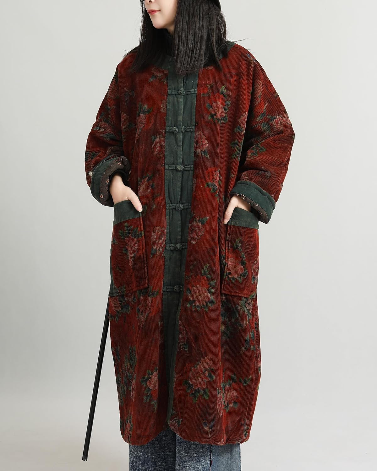 LZJN Women's Corduroy Quilted Trench Coat Long Sleeve Floral Printed Jacket Loose Winter Outwear - Image 9