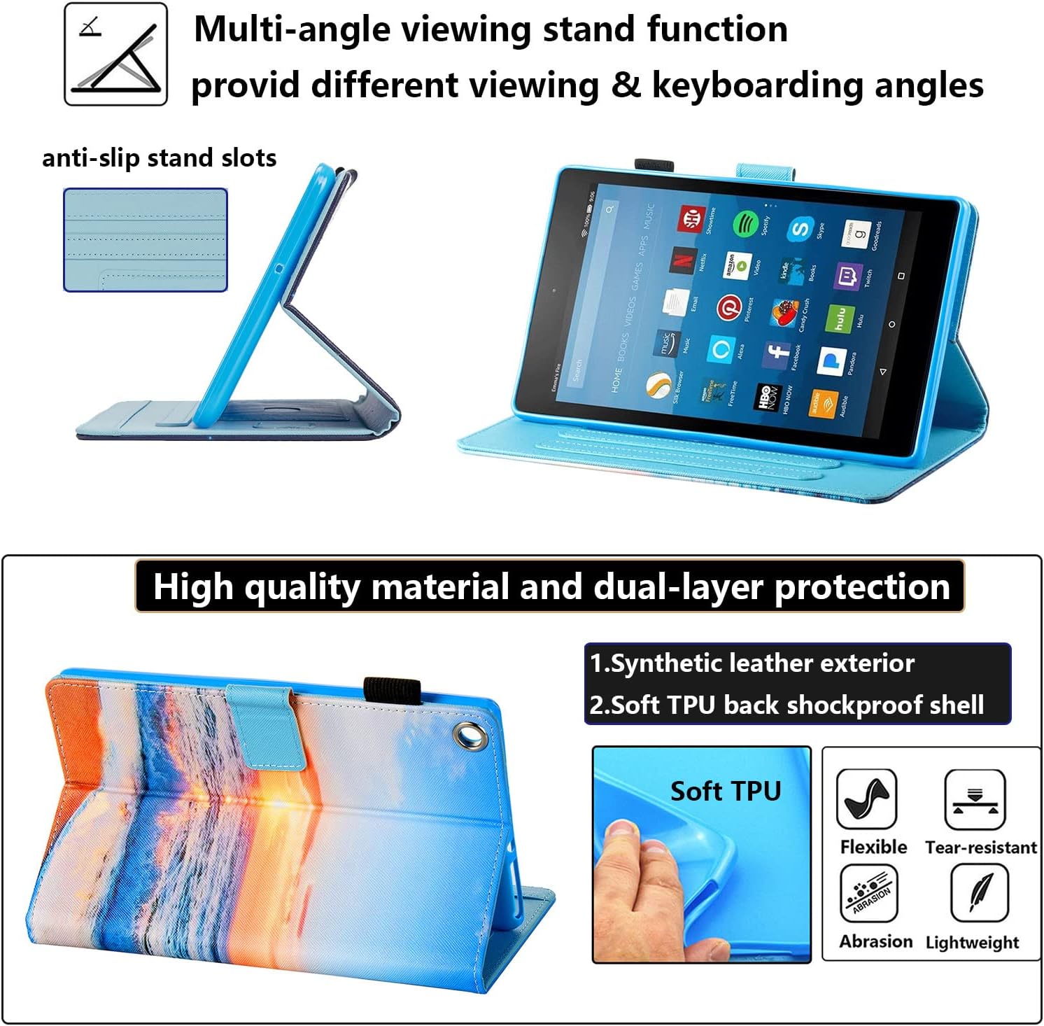Fire HD 8 Tablet Case 8th/7th/6th Generation 8.0 inch with Stand Pencil Holder [Auto Wake/Sleep] Card Slots PU Leather Folio Smart Cover for Kindle Fire HD 8 (2018/2017/2016), Beach Sunrise