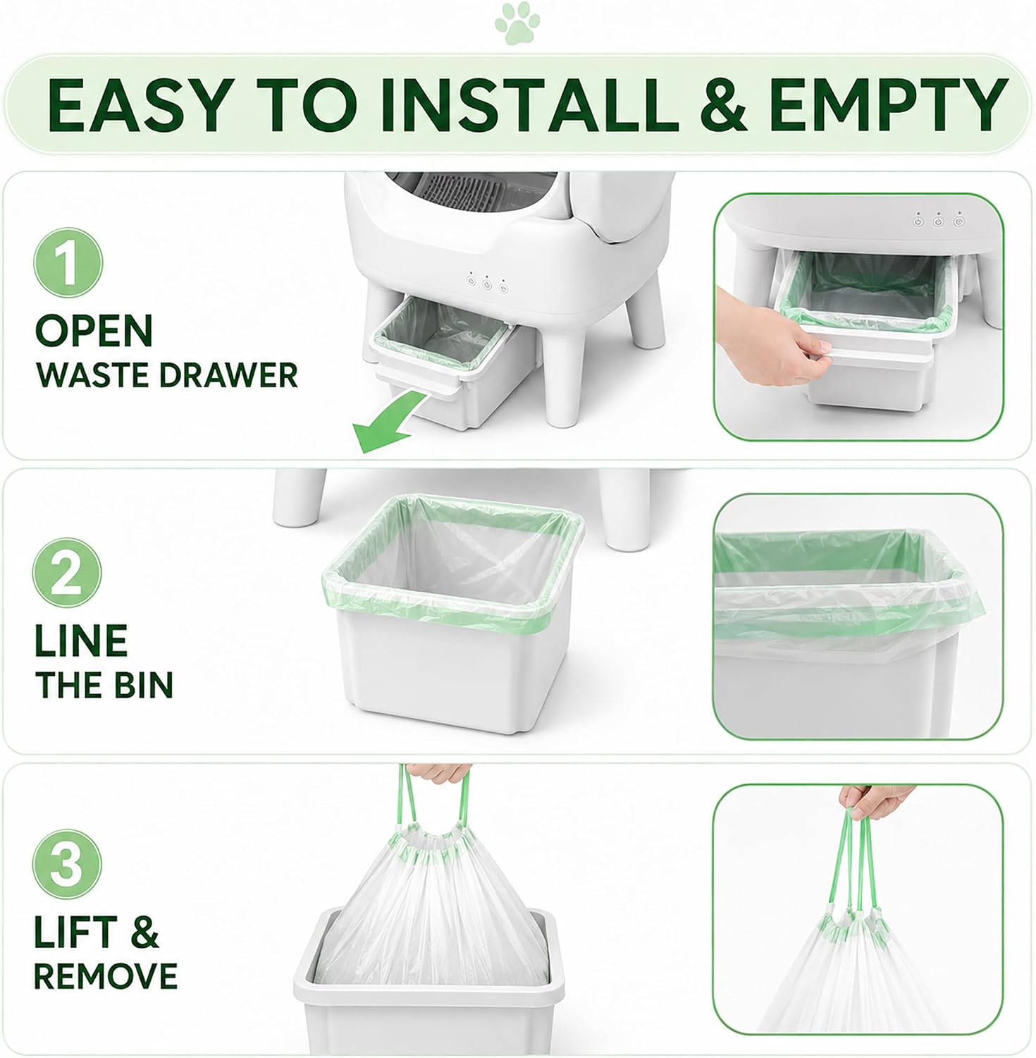 RPZ Automatic Cat Litter Box with Cat Litter Bags, Open-Top Self-Cleaning Litter Box with 2 Rolls 50 Count Waste Liners, Drawstring Cat Litter Trash Bags and Cat Litter Box Cleaner image 3