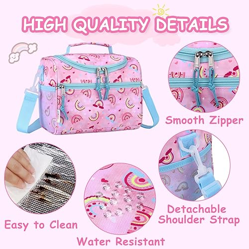 Miniatura 10 de RAVUO Lonchera para niñas, resistente al agua, aislada, linda bolsa de almuerzo para niños con correa de hombro desmontable
