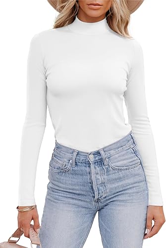 Areecin Camisetas de manga larga con cuello alto falso para mujer, de punto acanalado, ajustadas, informales, camisetas básicas