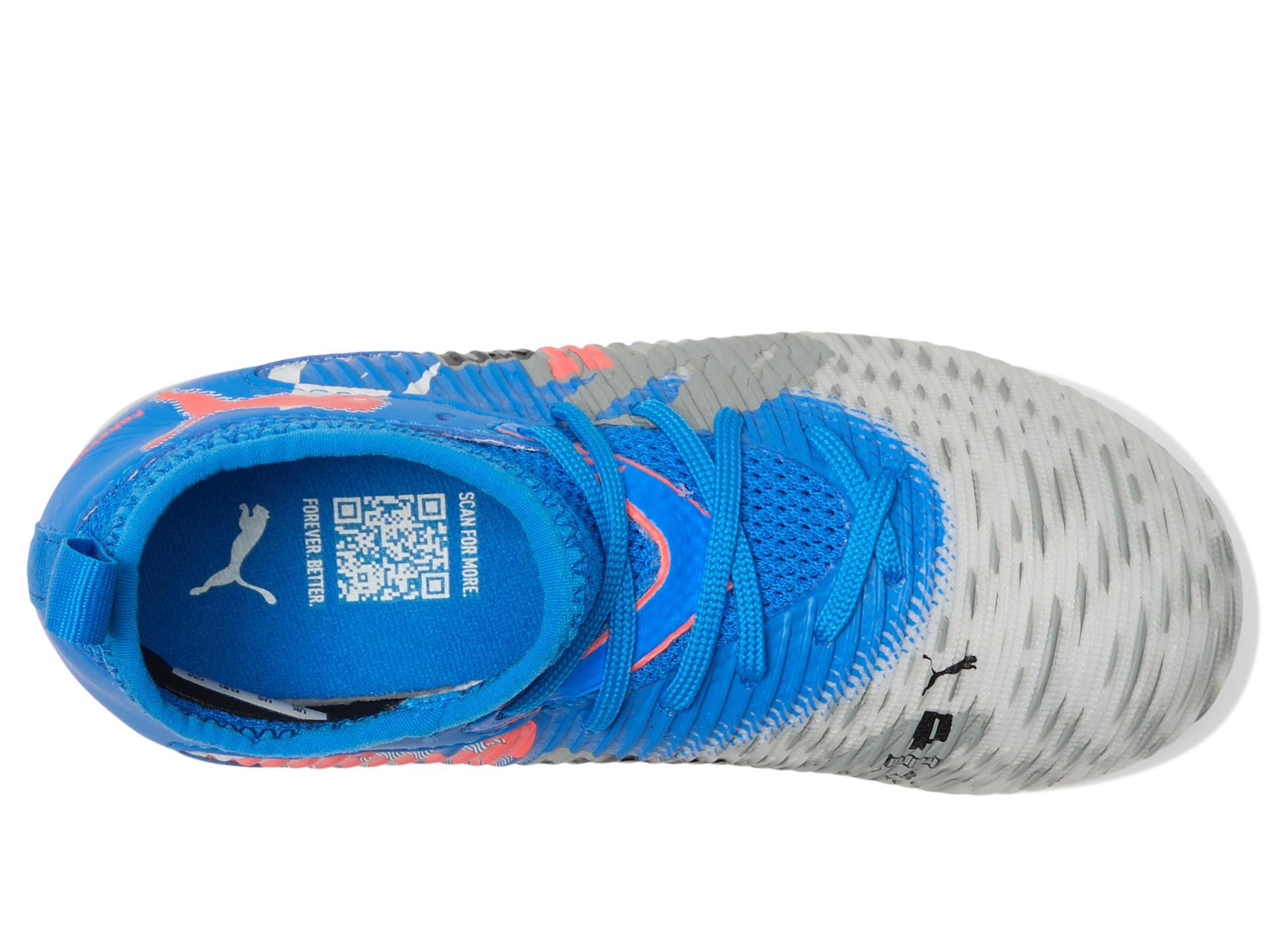 PUMA Future 8 Match Forever Firm Artificial Ground (Little Big Kid) Sneaker, White/Ultra Blue/Feather Gray Black/Glowing Red, 5.5 US Unisex