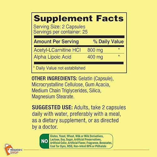 Miniatura 7 de Spring Valley Acetil L-Carnitina HCI 400 mg + ácido alfa lipoico 200 mg cápsulas, 50 unidades + incluye adhesivo Venancio'sfridge