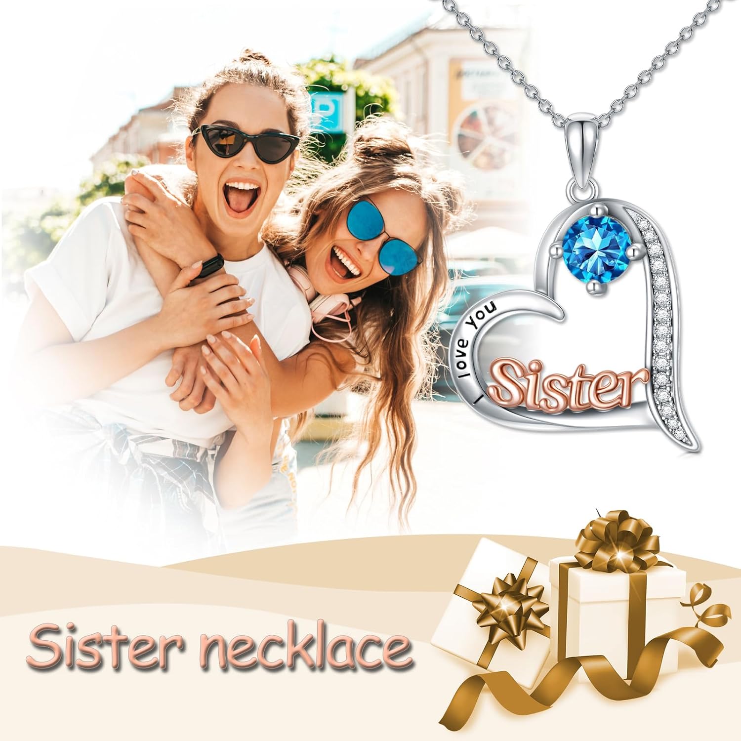 Sister Gifts from Sisters Birthstone Necklace 925 Sterling Silver Heart Sister Jewelry Valentines Day Birthday Gifts for Women Best Friend - Image 3