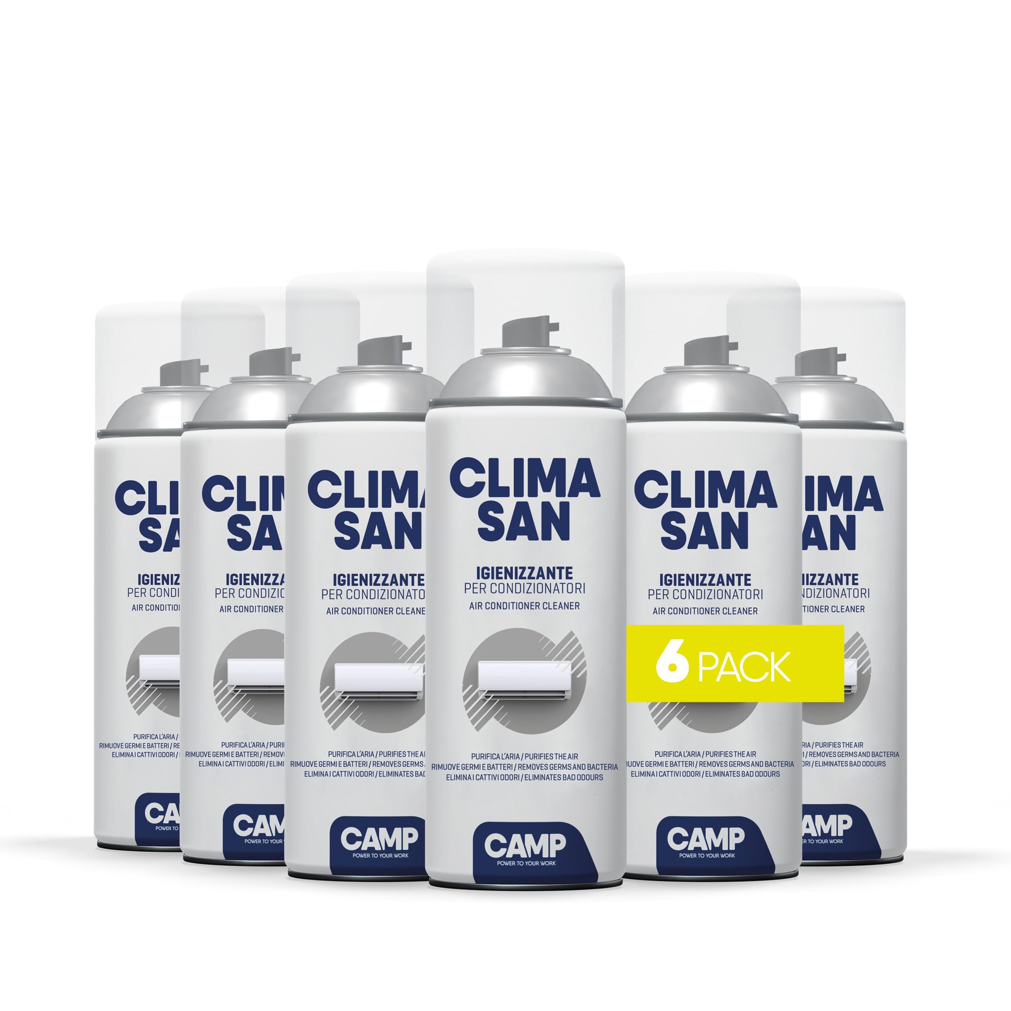 CAMP CLIMASAN Spray Nettoyant des Climatiseurs, À Base D’Alcool, pour la Maison et la Voiture, Purifie l’Air et Neutralise les Mauvaises Odeurs, Pack 6x 400 ml