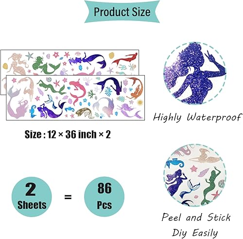Miniatura 4 de Calcomanías de pared de princesa de sirena, bajo el mar, océano, sirena, calcomanías de pared, despegar y pegar, juego de silueta de sirena para