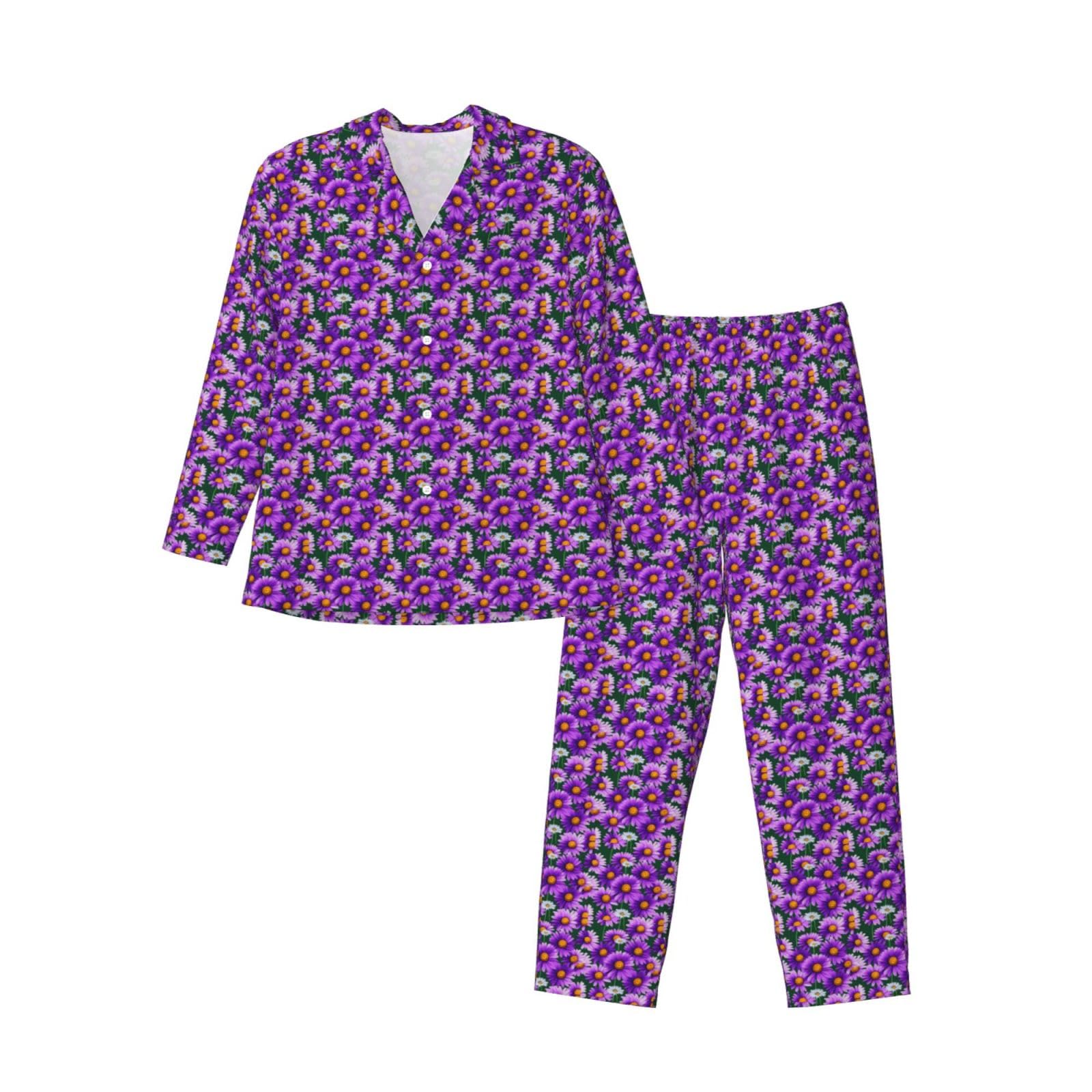 Herren-Pyjama-Set, langärmelig, mit Gänseblümchen-Aufdruck, zweiteilig, bequem, Nachtwäsche, Violett
