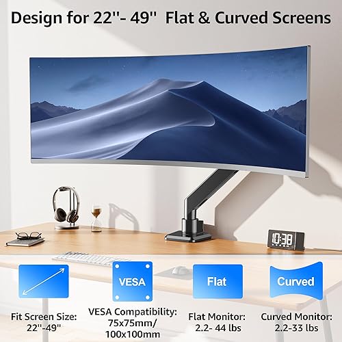 Miniatura 2 de MOUNTUP Brazo de monitor resistente para pantallas curvas de 49 pulgadas, soporte de escritorio para monitor único ultraancho, soporte para