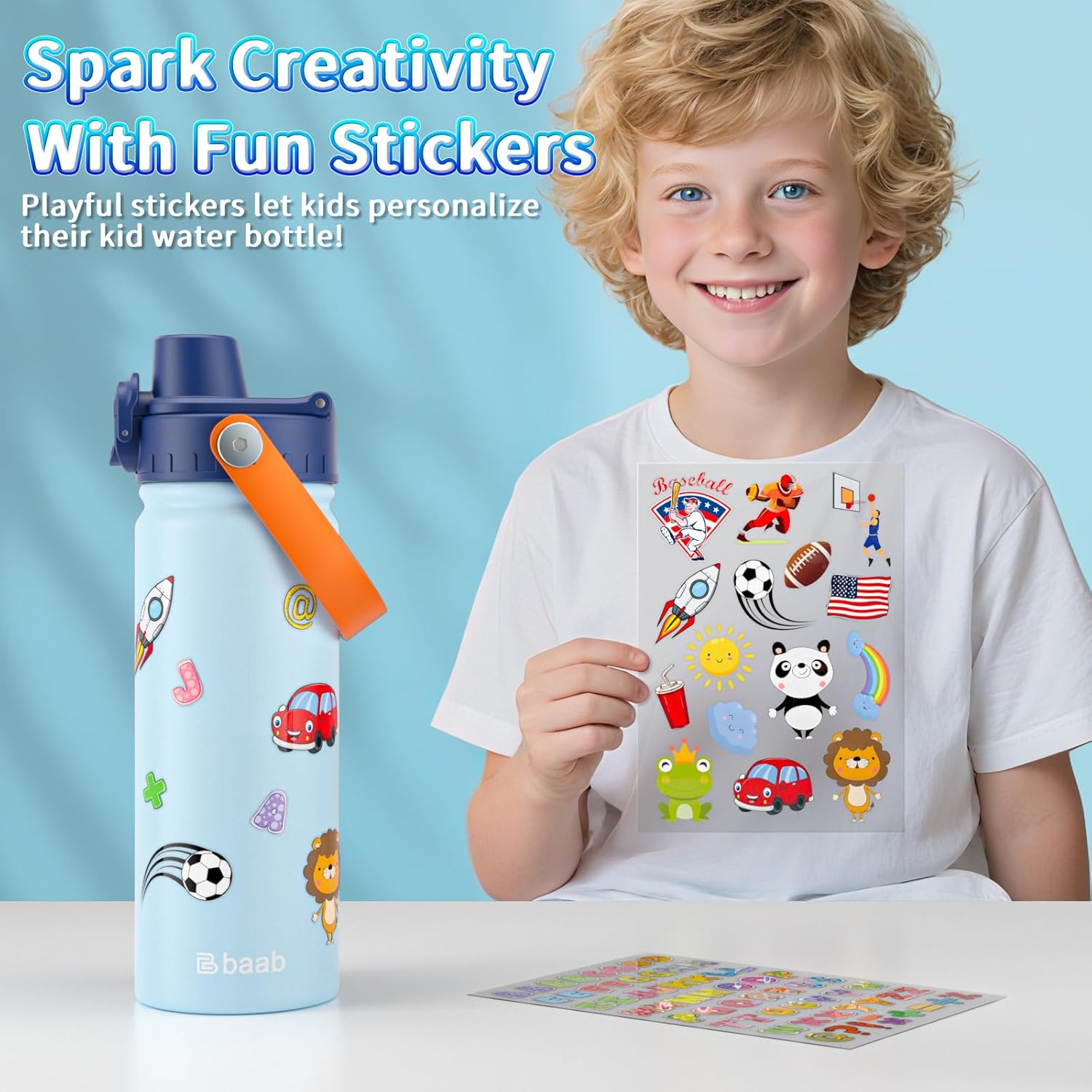 baab 18oz Kids Water Bottle, Insulated Kids Water Bottle with Lockable Spout Lid & Stickers, 18/8 Stainless Steel Vacuum Leakproof Kid Water Cup with Handle for School (Navy Blue+Grey, 2 Pack) - Image 6