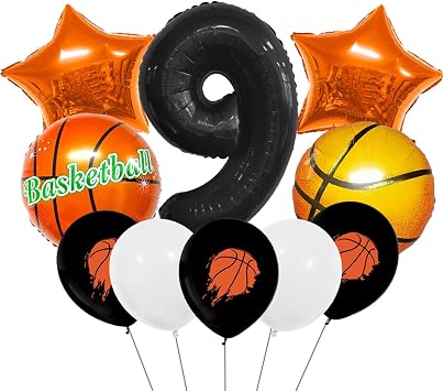 11Pcs Basketball Themed 9th Birthday Party Balloons, Black Number Balloon 9,Basketball Balloons Happy 9th Birthday,9th Birthday Basketball Theme Party Supplies Foil Mylar Balloons Latex Balloonor