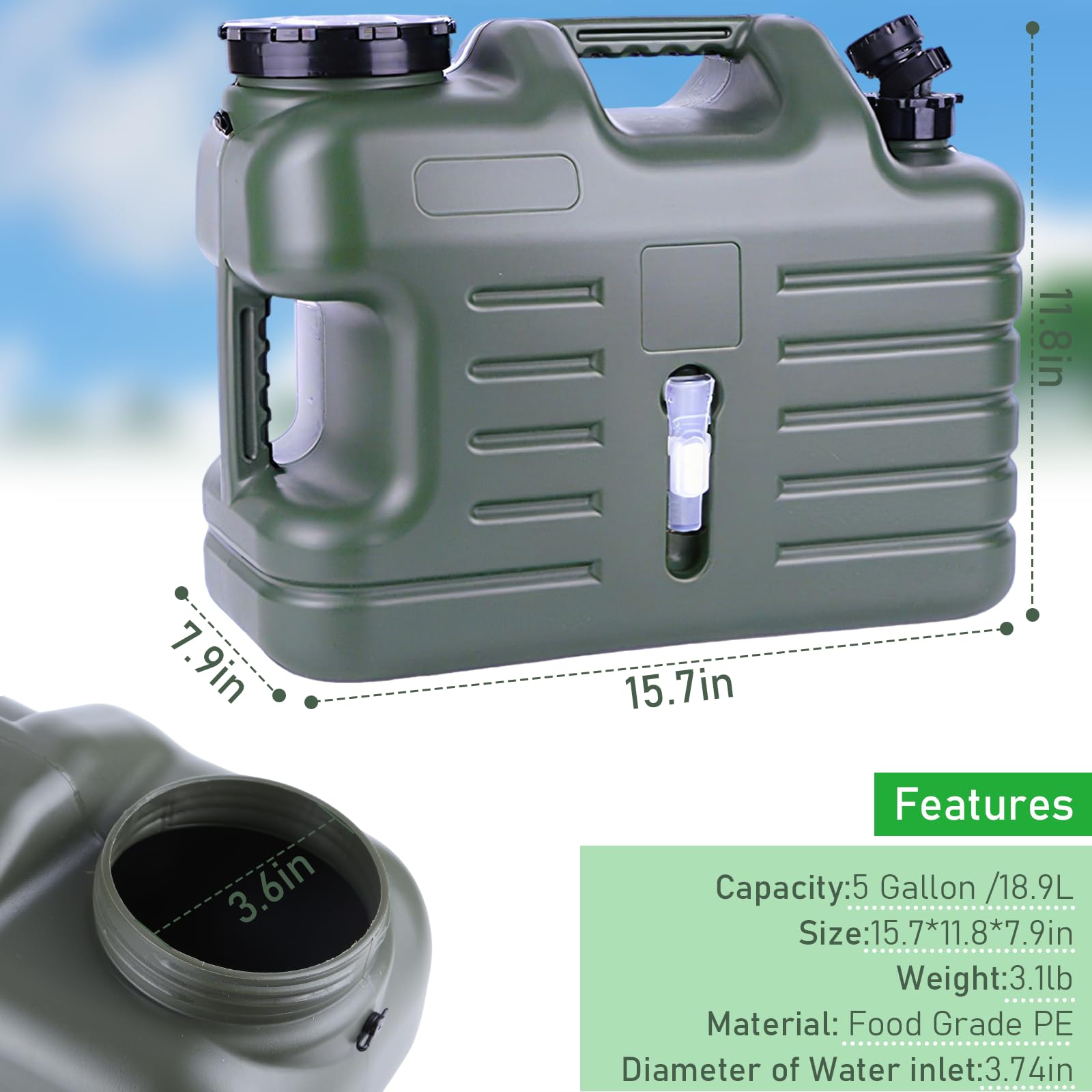 Bidón de agua de 18,5 L con grifo y bomba eléctrica para botellas de agua, depósito de agua para camping con asas, depósito de agua libre de BPA, portátil para exteriores, camping, cocina (verde)