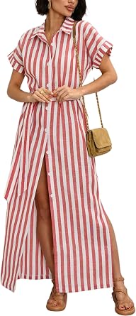 chouyatou Womens Summer Short Sleeve Striped Shirt Dress Beach Maxi Long Belted Casual Button Down Dress