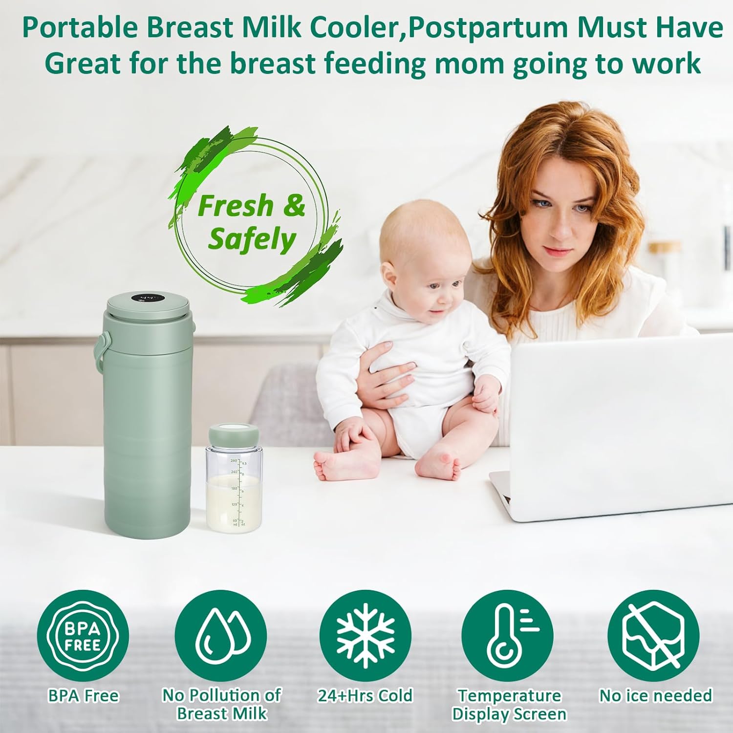 Portable Breast Milk Cooler for Outdoors & Work, 360° Total Cooling Keeps Milk Fresh for 24 Hours, 19oz Large Capacity Travel Breastmilk Chiller with Temp Display & 2pcs Bottle for Breastmilk Storage