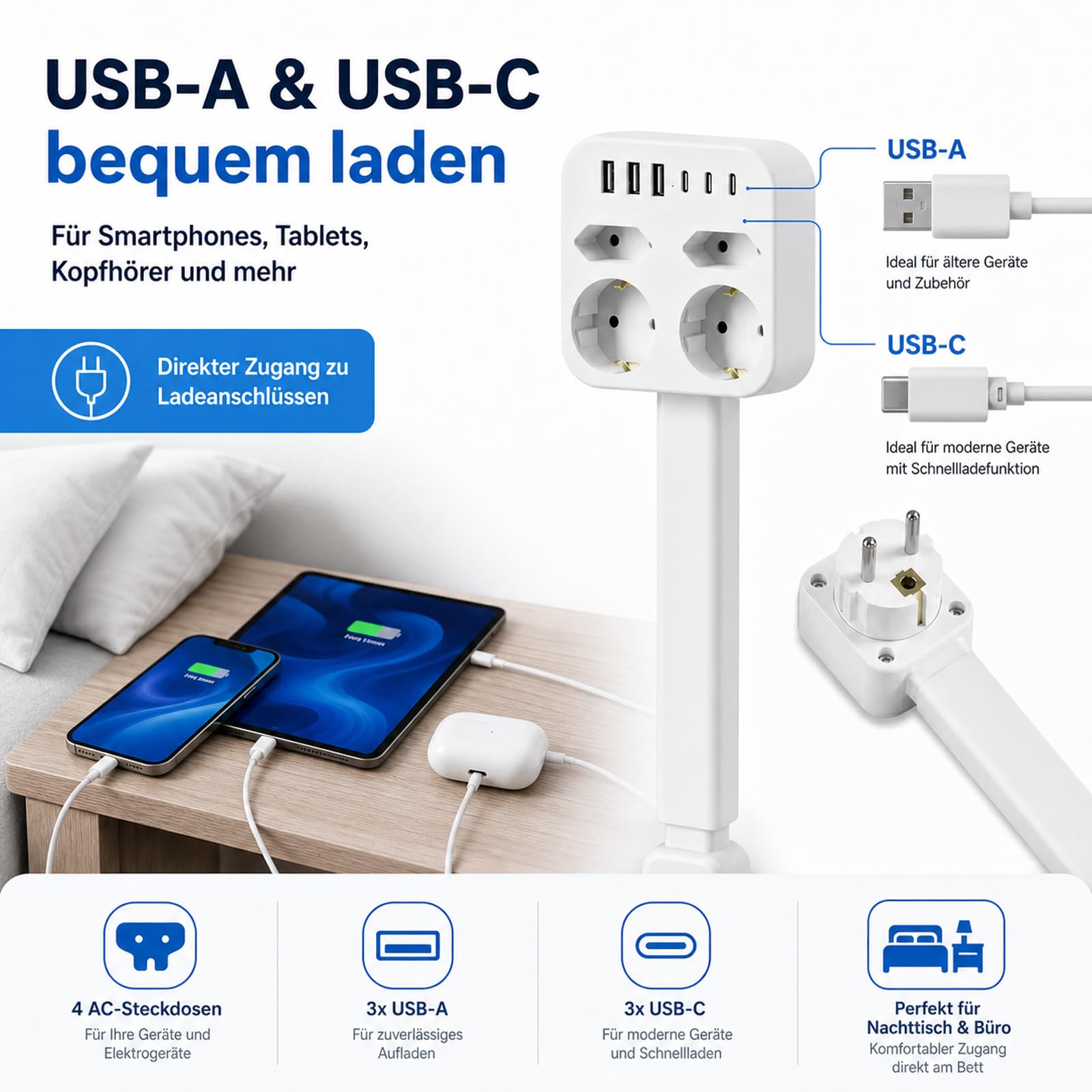 Rozszerzalna listwa zasilająca, wysuwana, od 45 do 65 cm, listwa zasilająca z USB, 3 gniazda USB i 3 gniazda typu C, 4 gniazda AC, przedłużacz, montaż na ścianie, sofa, łóżko