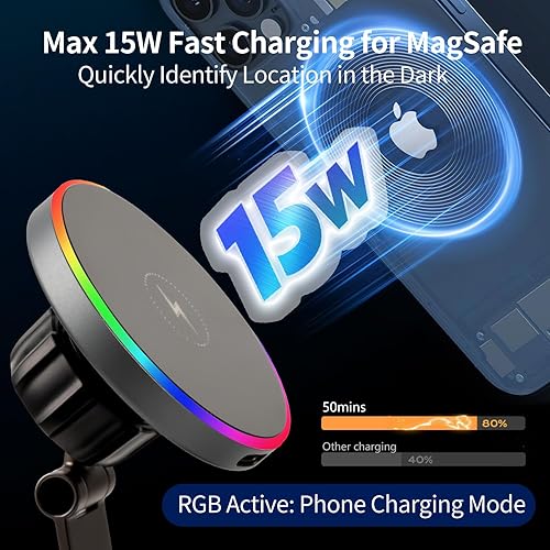 Miniatura 2 de Cargador MagSafe de montaje para automóvil para iPhone carga inalámbrica rápida de 15 W Succión fuerte de 120 libras, doble capa de 2800 gf fuerte