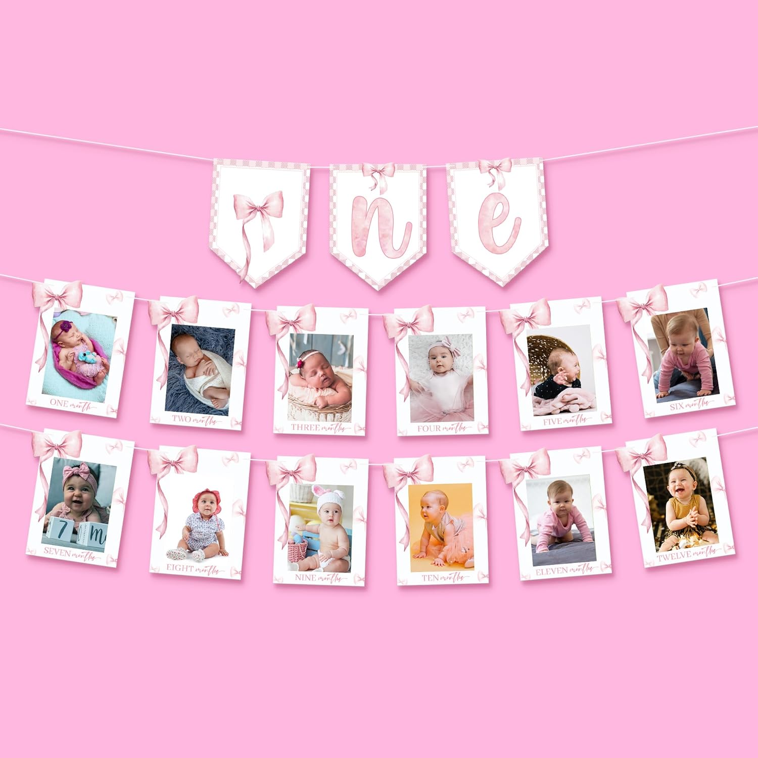 KatchOn, Pink Bow One Birthday Photo Banner - 2 Strings, 10 Feet | Pre Strung 1-12 Month Photo Banner for 1st Birthday Decorations | Bow Party Decorations